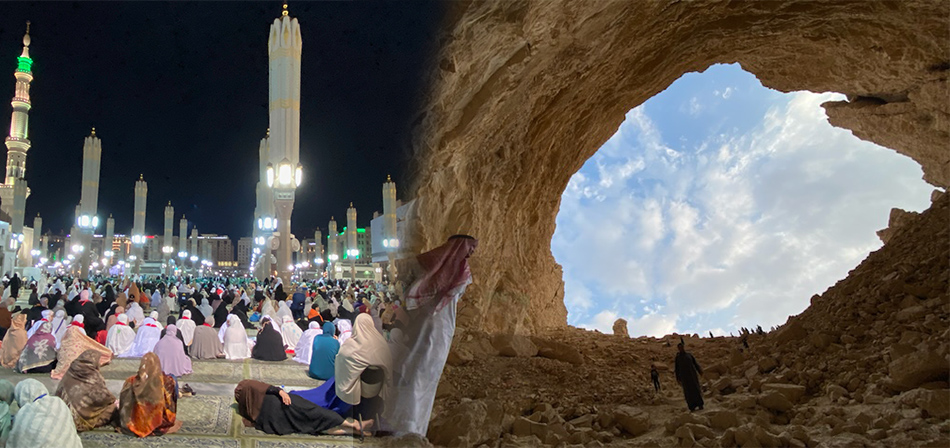 異教徒にも訪問解禁！サウジアラビアのメッカに並ぶイスラム教の聖地メディナ。巡礼者たちの中には寝っ転がっている人も　／　インスタ映えするサウジアラビアのリヤド近くの化石水のある洞穴。地元民が石を投げたりして遊びに来てました